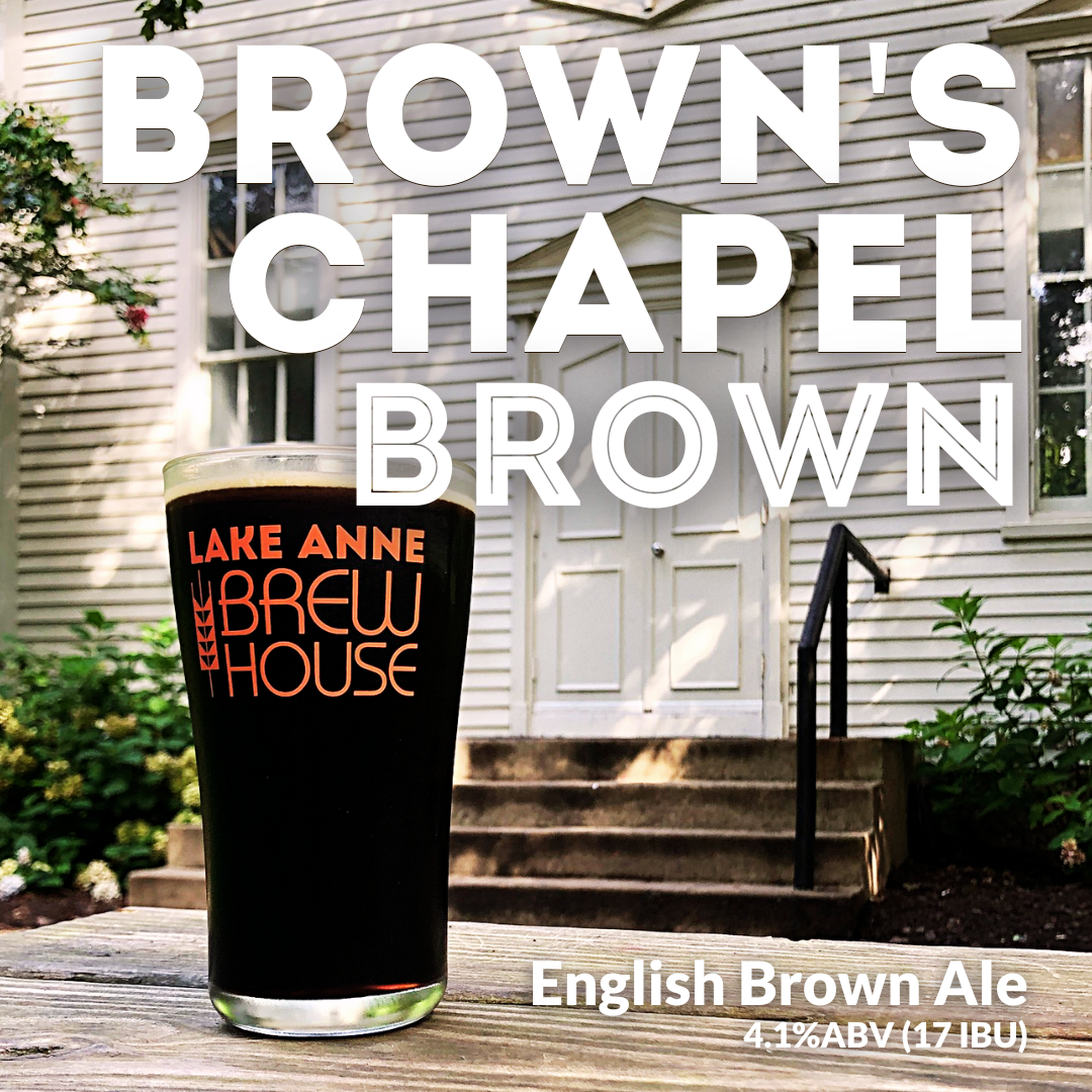 The image for our Brown's Chapel Brwon has a chapel in the background. The foreground is our Brown's Chapel Brown Ale in our tall glass.