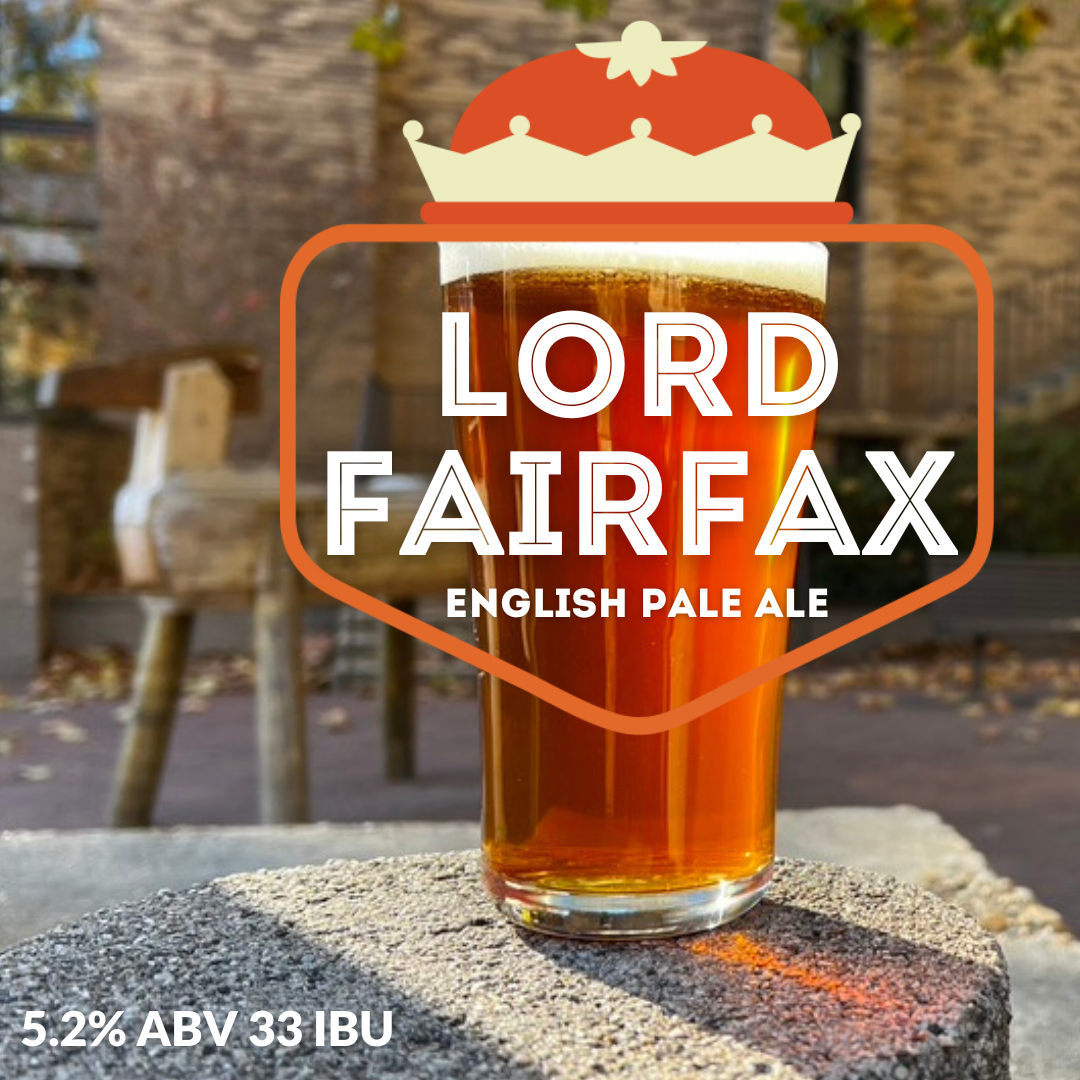 Lord Fairfax English Pale Ale image is our beer in a glass with a caroon crown on its top.