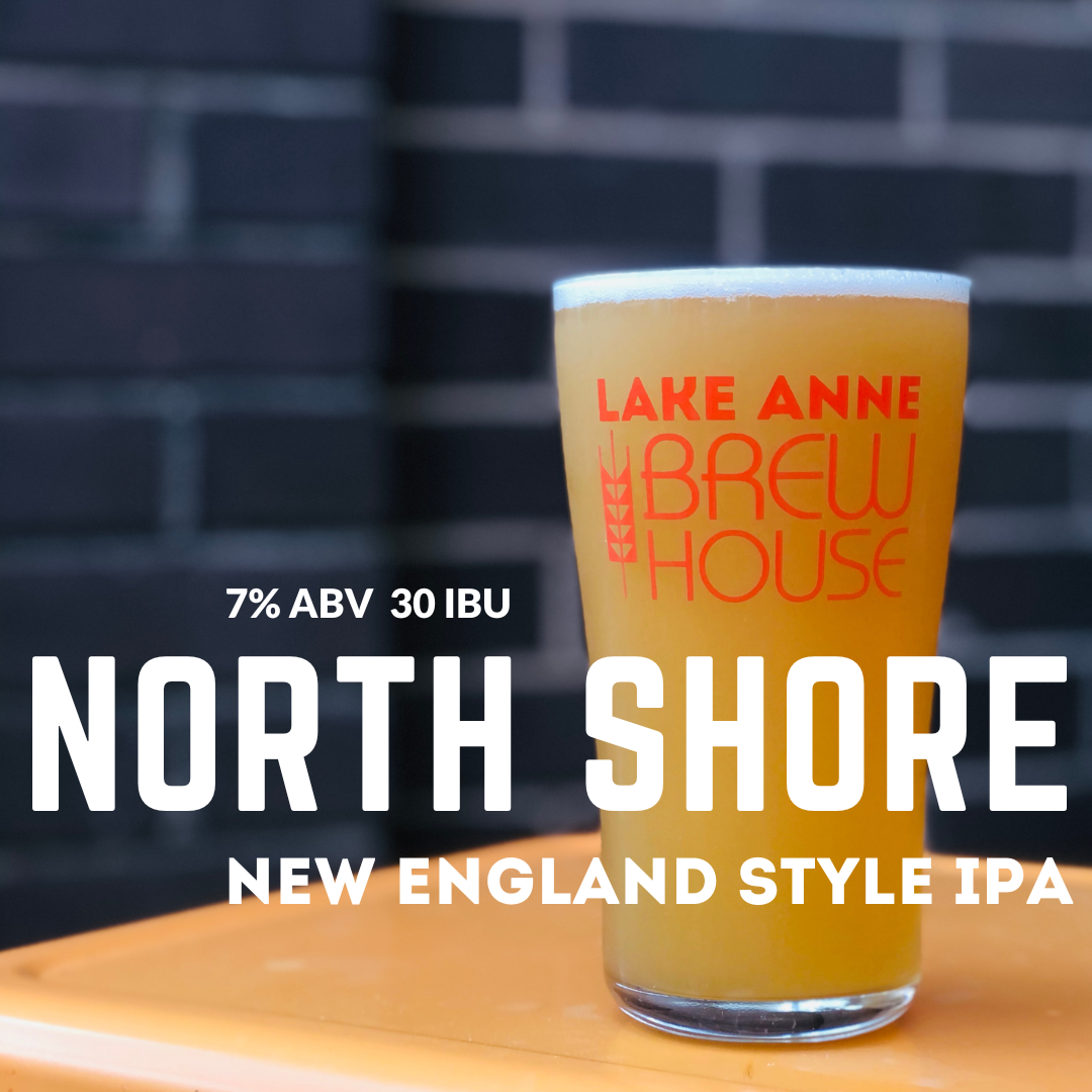 Our North Shore New England Style IPA is shown in our tall glass with a brck wall for the background.