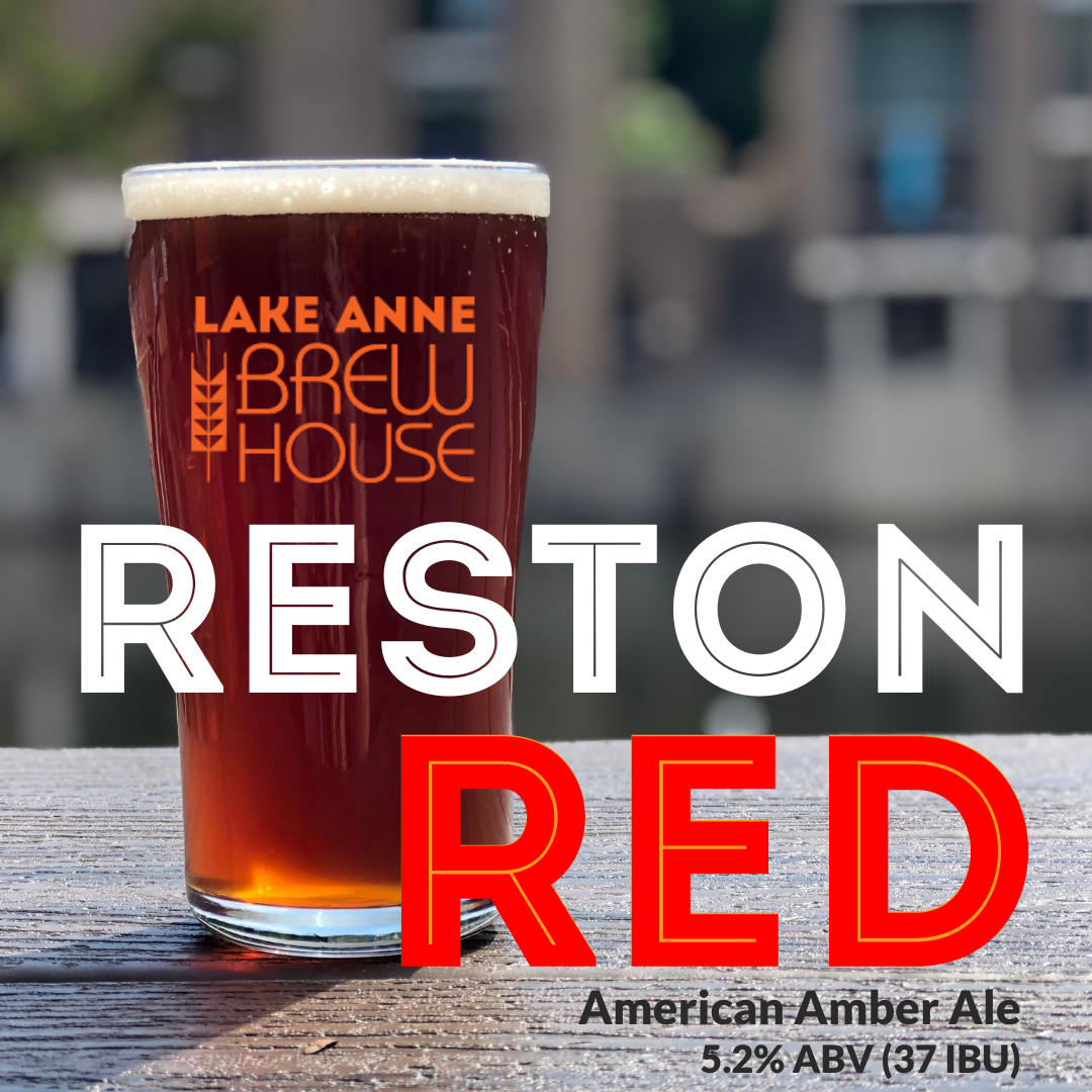 Reston Red American Amber Ale image is our beer in a glass with a blurred out background. 